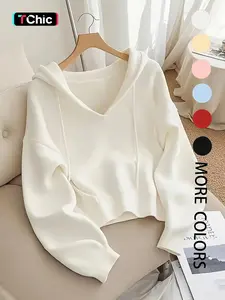 Women's V-Neck Adjustable Drawstring Hoodie, Loose Fit Soft Knit Pullover, Casual Unique Design Long Sleeve Sweatshirt for Early Autumn