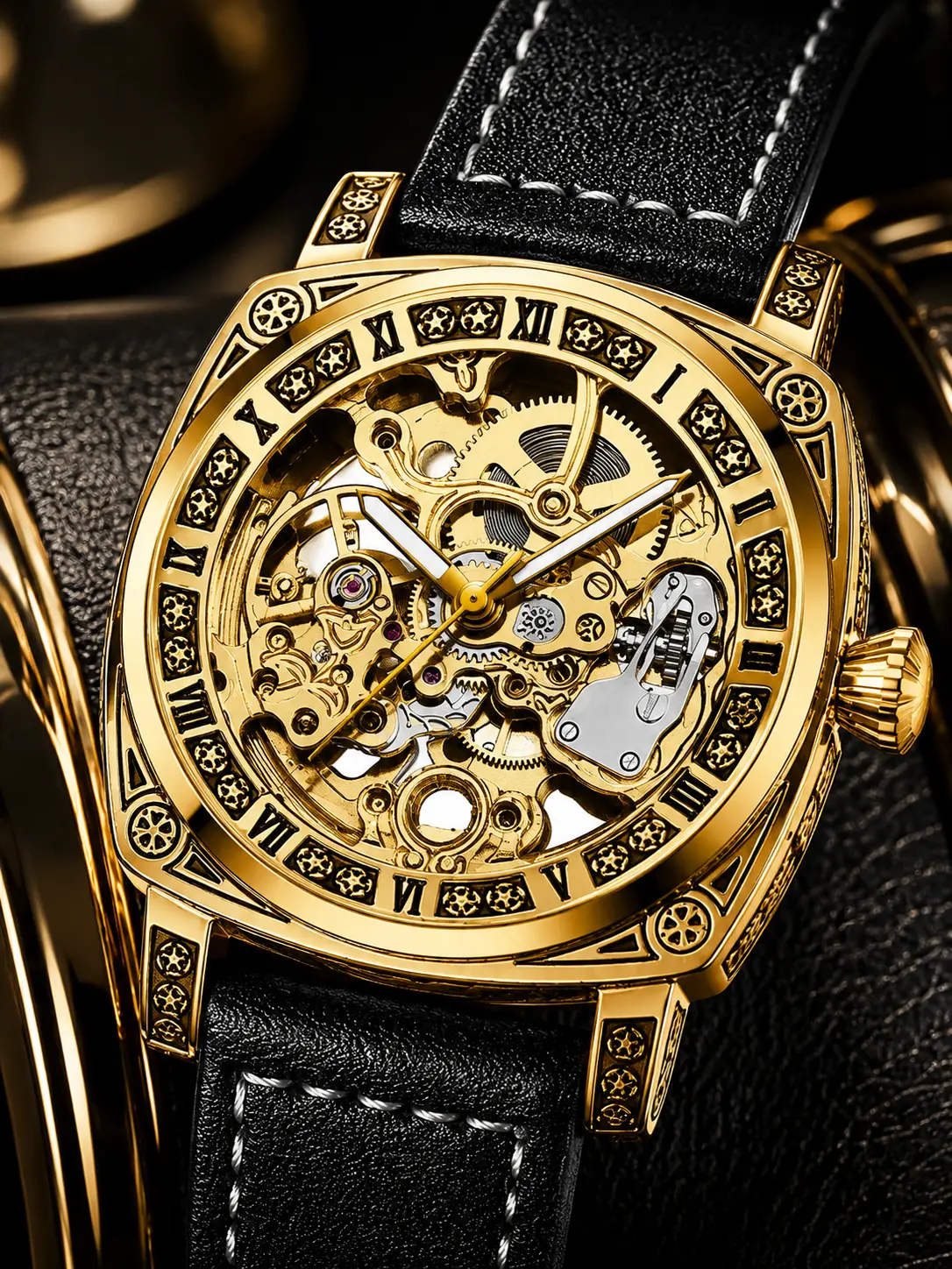 Vintage men's luxury watch with a gold case, mechanical movement, and leather strap—ideal for formal occasions.