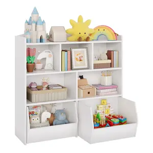 Kids Toy Storage Bookcase, 5 Open Cubbies & 2 Movable Drawers, Natural Wood Multifunctional Organizer for Playroom, Nursery & Bedroom