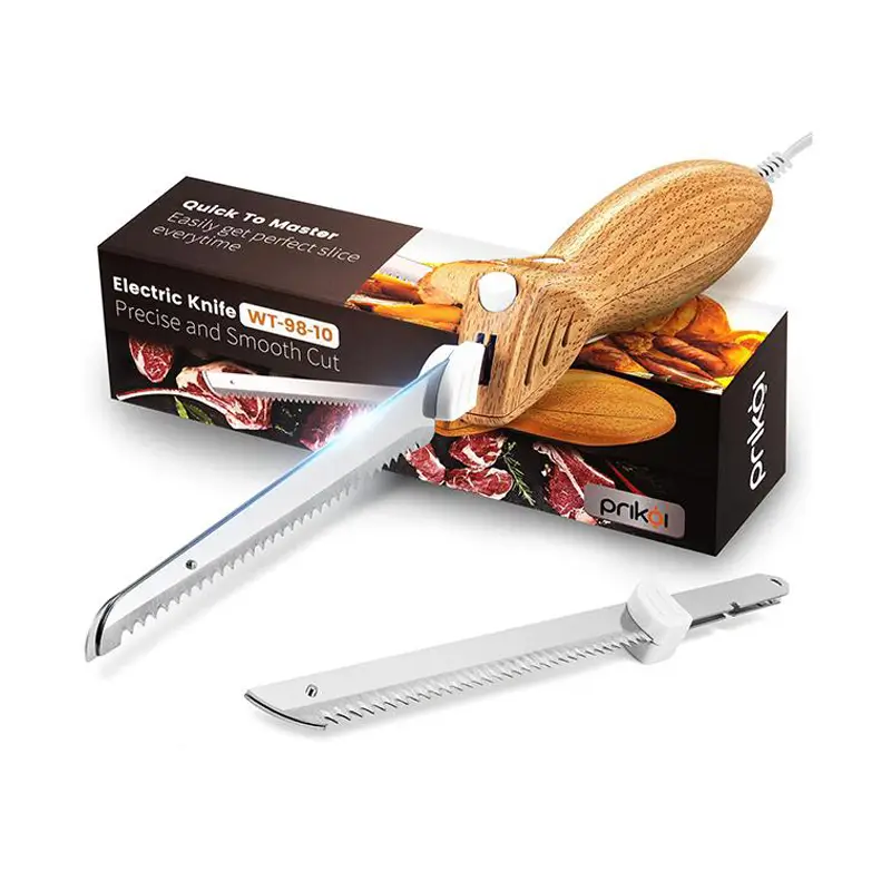 Electric knife with Easy-Slice serrated blade, ergonomic handle + 2 blades for cutting meat, bread, turkey, ribs, fish fillets, DIY Knives