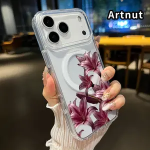 Clear Phone Case for iPhone 17 Pro Max 16 Plus 15 14 13 12 11 Air E Lavender Lily Dream Pattern Magnetic Sunction Acrylic Back Full Body Protective Cover for boy girl