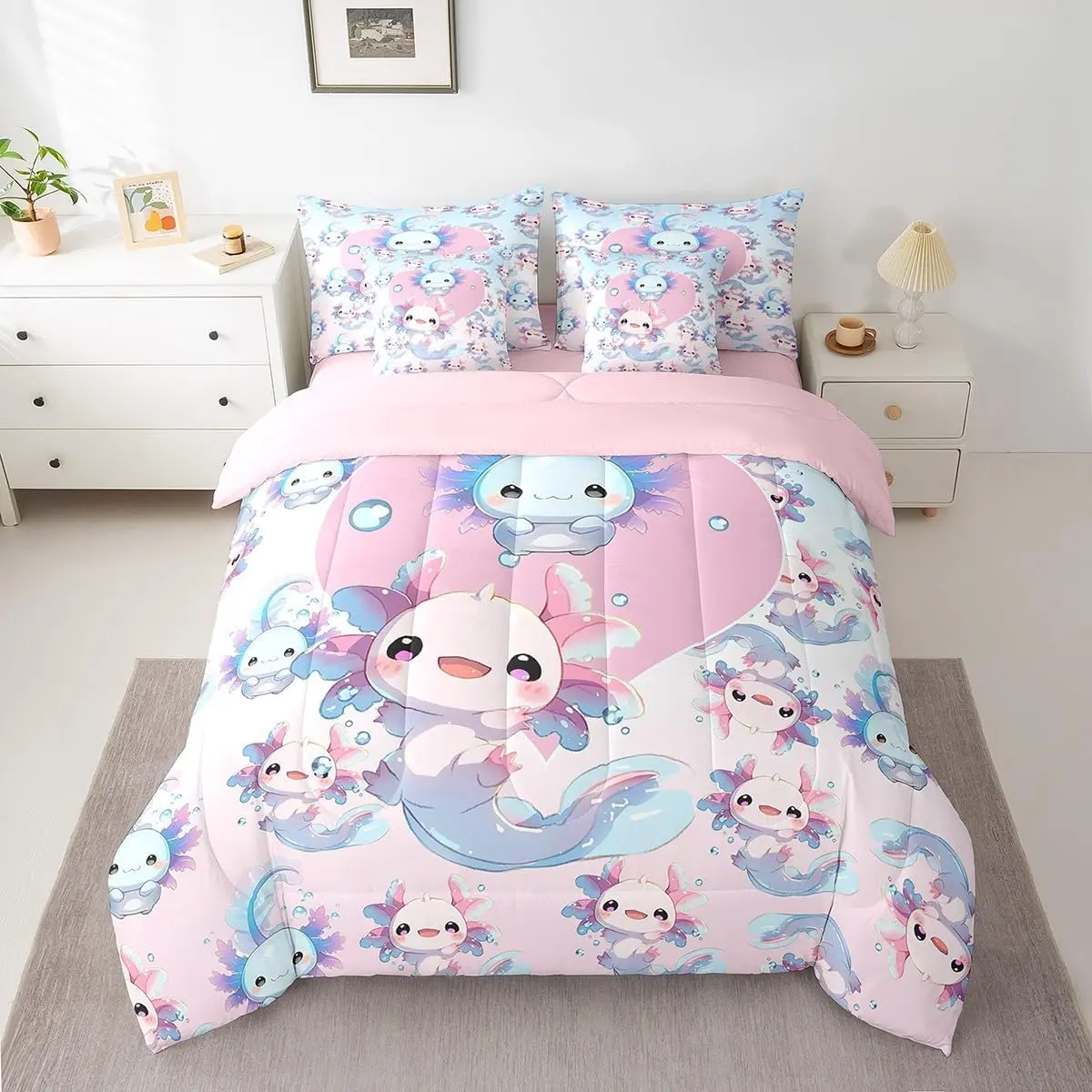 Feelyou 7-Piece Microfiber Bedsheet Sets - Kawaii Axolotl Salamander Cartoon Bed-in-A-Bag with Soft Comfy Blanket, Breathable Sheets, Pillowcases, Ocean Theme for Adults