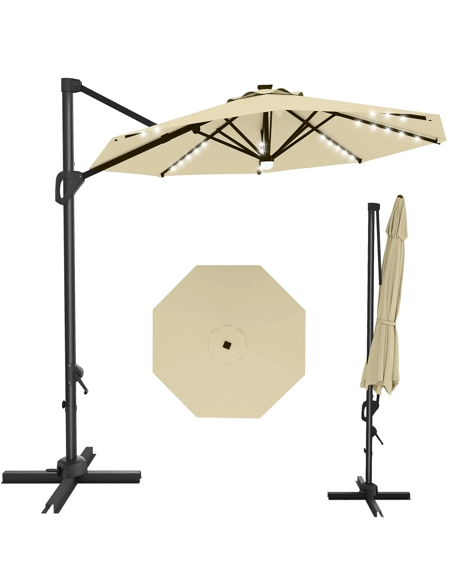 Gaomon 10Ft Aluminium Outdoor Cantilever Patio Parasol - Solar-Powered LED Light, 360° Rotatable Round Canopy, Sliding Handle, Adjustable Shade for Backyard, Garden