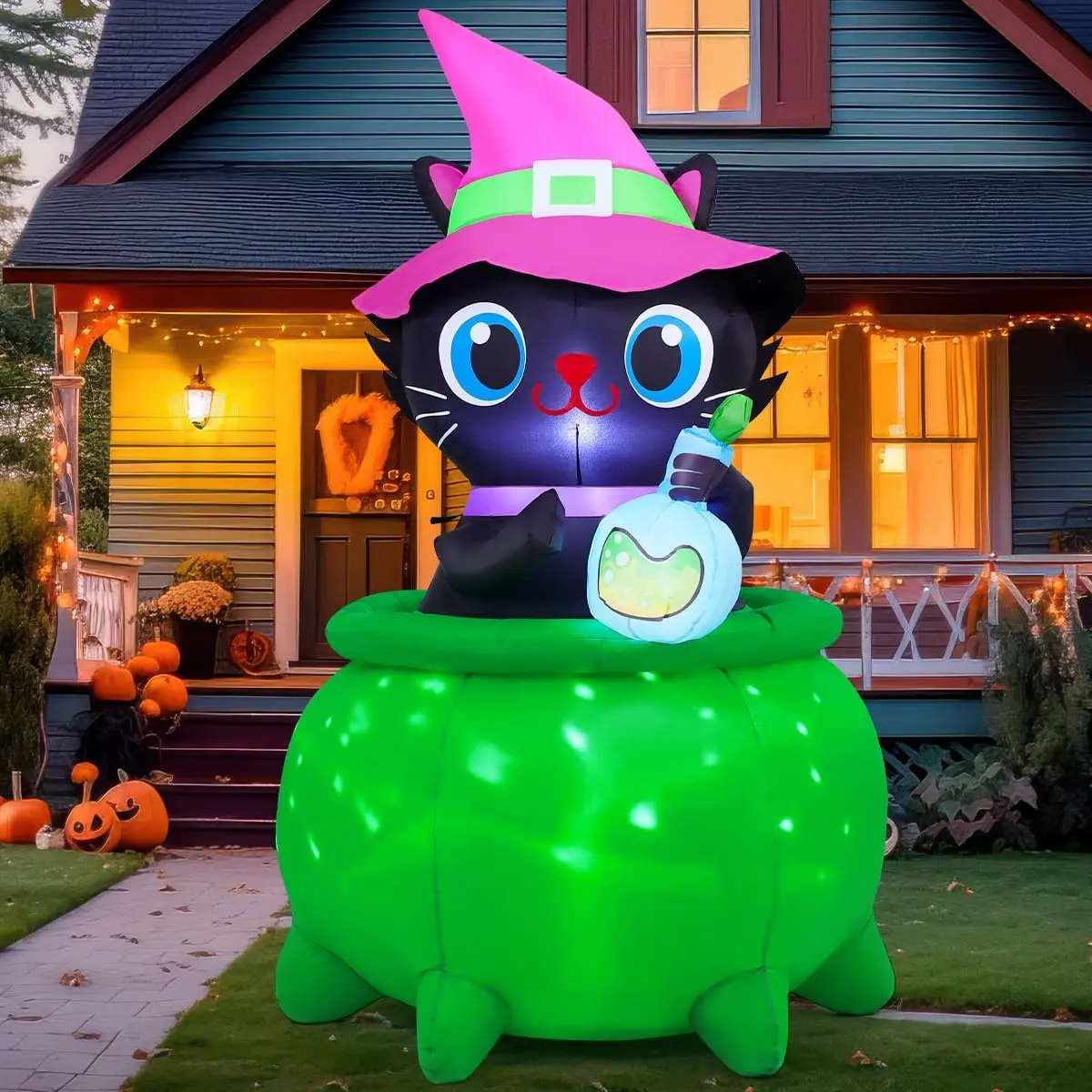GOOSH 6 FT Halloween Inflatables Cat with Witch Cauldron Decoration Blow Up Yard Decoration with LED Lights Built-in for Holiday Lawn Party Yard Gardenspooky season decor, spooky yard decor, halloween yard decor, halloween gift for him and her, 2026 gift