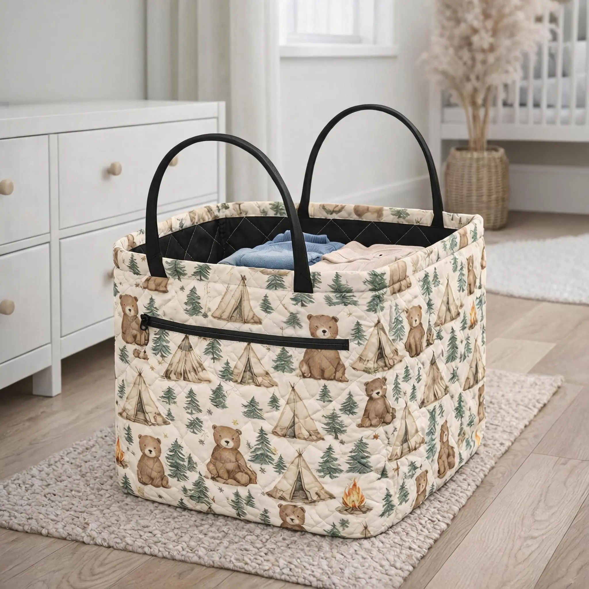 Starry Night Cabin Quilted Laundry Basket - Large-Capacity Fabric Storage Bin with Handles, Pockets, Multi-Purpose Home Organizer for Dirty Clothes, Toys, Mom Gift