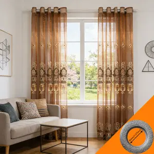 2pcs European Luxury Coffee Gold Heavy Embroidery Sheer Curtain, High Transparency Floor-To-Ceiling Window Shade, Vintage Style Balcony Curtain
