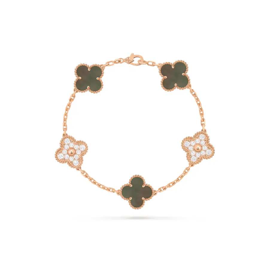 Pre-owned Van Cleef & Cleef Vintage Alhambra bracelet, 5 motifs, 18K rose gold, gray mother of pearl, round dias