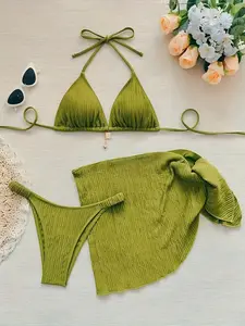 Elegant Women's Pure Ruched Halter Triangle Bikini Set, Ruched Bikini Bottoms, Heart Pendant, Sexy Fashion, Soft Fit, Perfect for Summer Beachwear