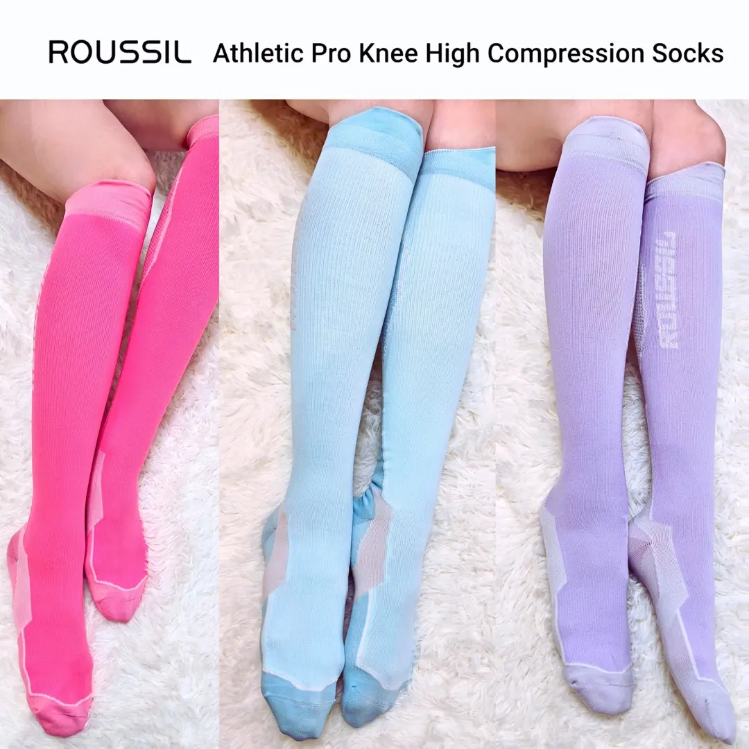 ROUSSIL Athletic Pro Knee High Compression Socks (Compression Stockings) for Women, Male Travelers - Strong Support, Breathable, Moisture Wicking, Ease Fatigue, 3 Pairs (Happy Pink/Icy Blue/Taro Purple), Flying, Ease Soreness, Stretch Fabric, Adults, Brea