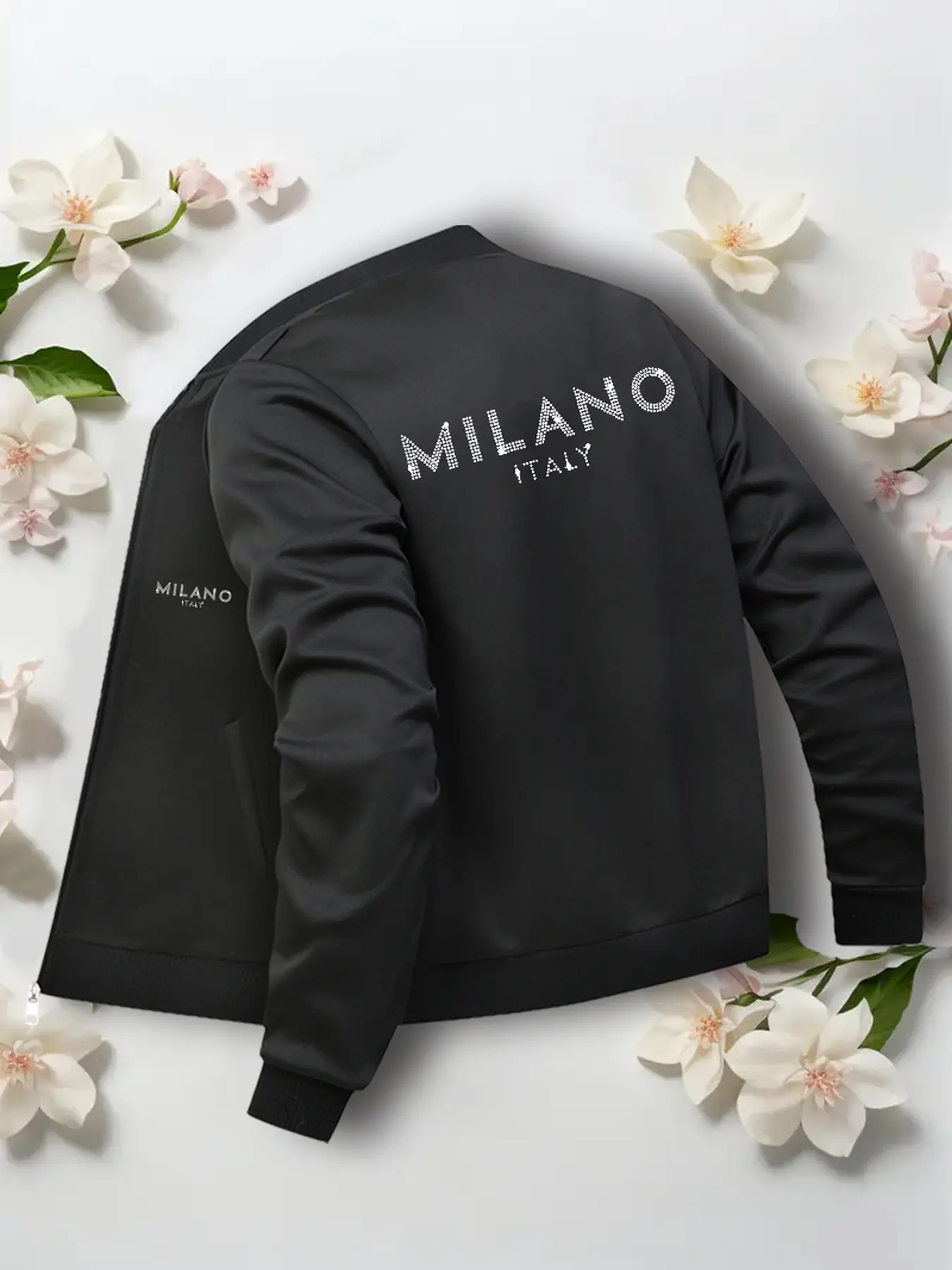 "milano Italy" Letter Print Zipper Jacket, Comfortable Fashion Workwear, Long Sleeve Fitted Design, Casual Fall & Winter Style, Coats