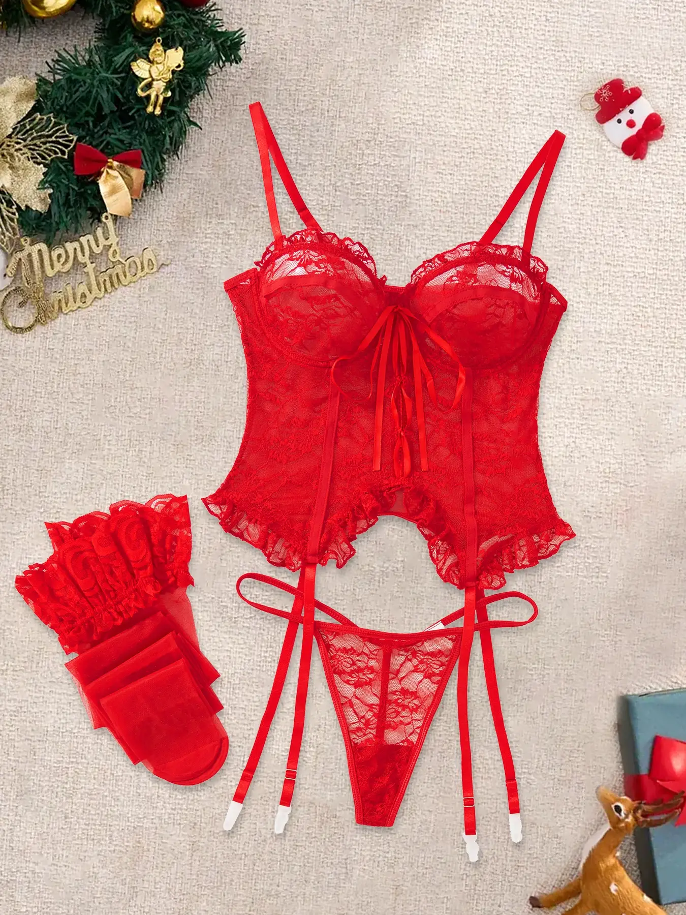 Christmas Sexy Lace Bra Set, Adjustable Strap, Sheer Ruffle Design, Fitted Style, Soft Fabric, All Seasons Wear