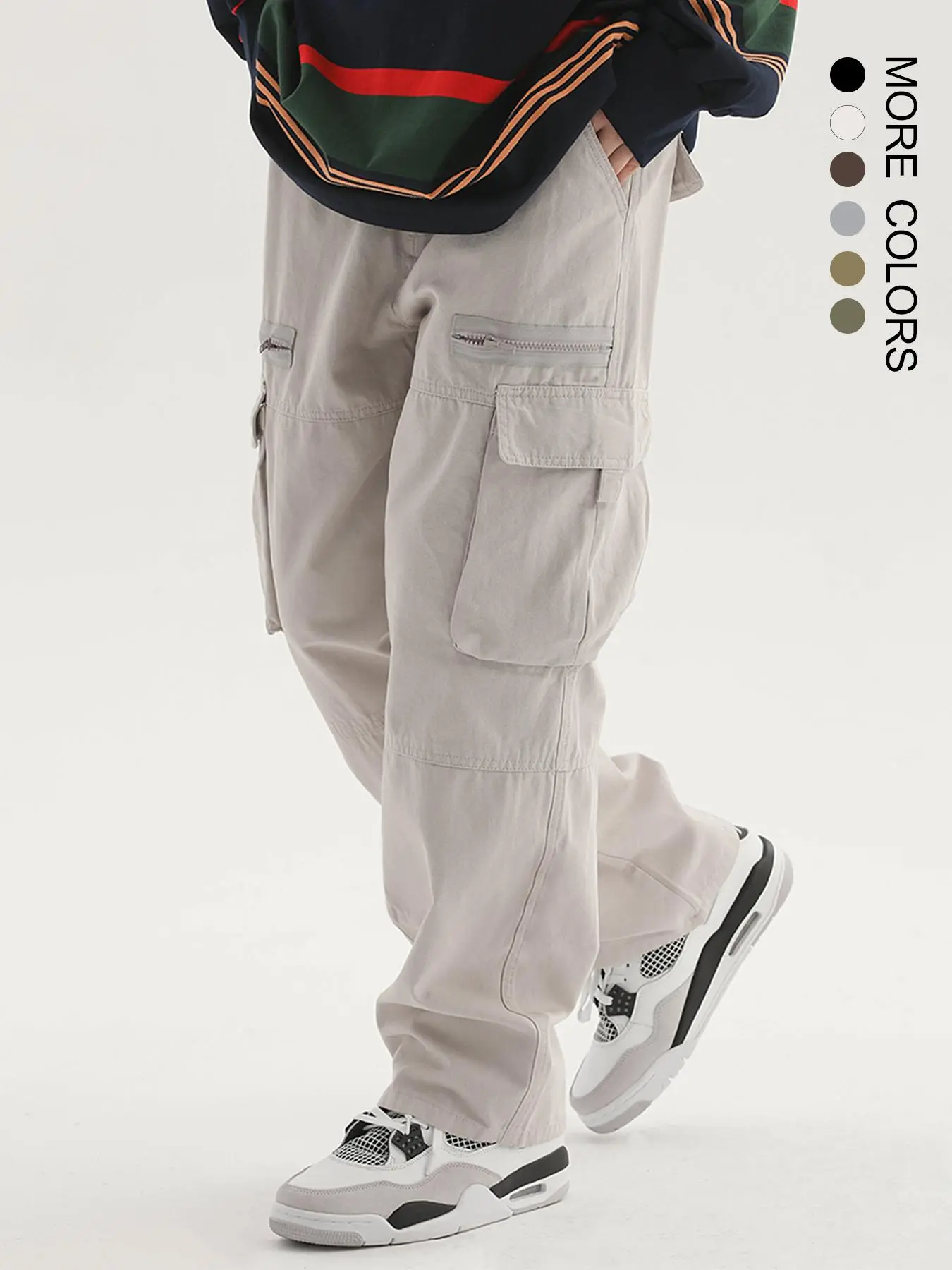 Trendy Multi-Pocket Zipper Loose Work Pants, American Vintage Straight Leg Cargo Pants, Street Style High-Street Casual Trousers, Casual Streetwear Trousers, Casual Drawstring Waist
