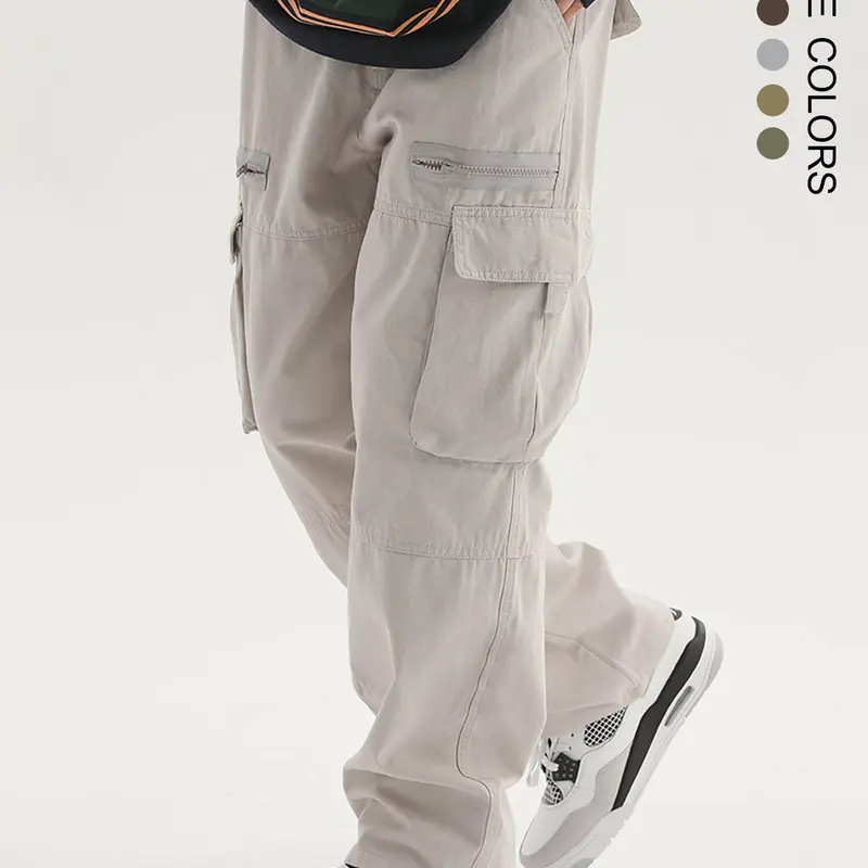 Trendy Multi-Pocket Zipper Loose Work Pants, American Vintage Straight Leg Cargo Pants, Street Style High-Street Casual Trousers, Casual Streetwear Trousers, Casual Drawstring Waist, Casual Everyday Workwear, Cargo Pocket Design
