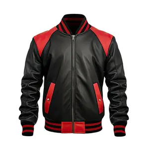 Men's leather jacket Black Sheepskin Baseball Jacket Red Stripes, Casual Classy Outfit by Hide Crafts