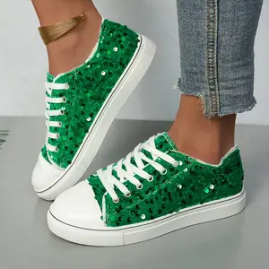 Women's Round Head Lace-up Green Fashion Sequin Shoes