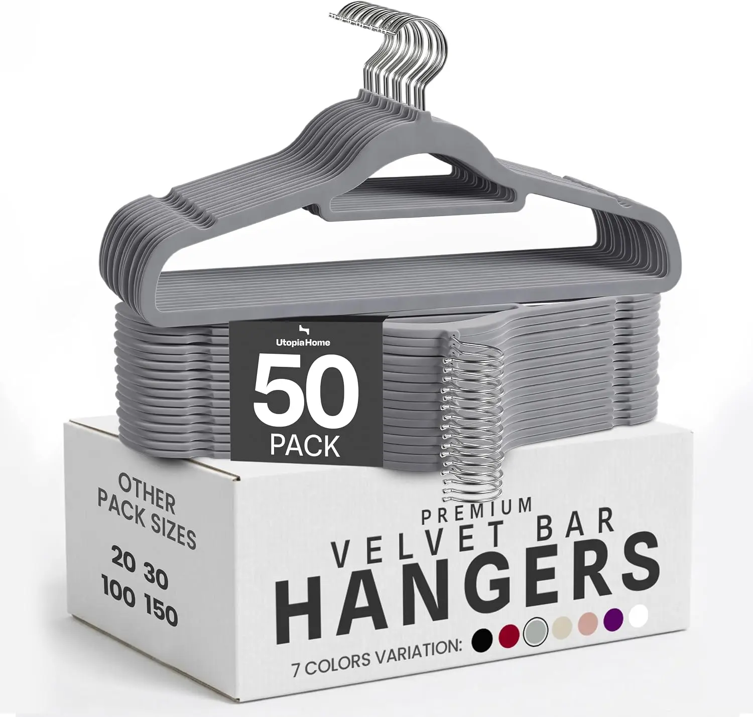 Home Velvet Hangers 50 Pack – Hangers with Tie Bar - Grey| Non-Slip Slim Clothes & Coat Hangers with Tie Bar,-Saving Duty, 360° Swivel Hook