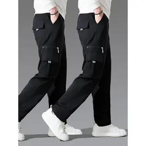 [2-Pack Loose-Fit Cargo Pants] Men'S Casual Cargo Pants 2-Pack Set with Multiple Pockets, Loose-Fit Straight-Leg Polyester Workwear, Solid Color Non-Stretch Regular Length for Spring/Fall - Outdoor and Fitness Trousers