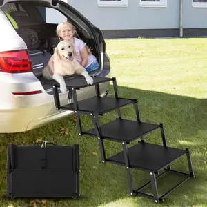Extra Wide Dog Stairs for Car, Foldable Dog Ramp for Car with Non-Slip Surface, Portable Dog Stairs Lightweight Dog Steps for Cars and SUV, High Beds, Truck, Supports up to 250 lbs, 4 Steps