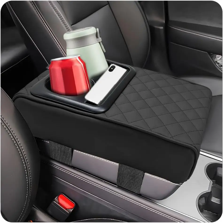Car Center Console Cover,Armrest Pillow, Waterproof Car Armrest Cover Cushion with Cup and Phone Holder, Memory Foam Arm Rest Box Protector for Most Vehicles, Car Accessories (Black)