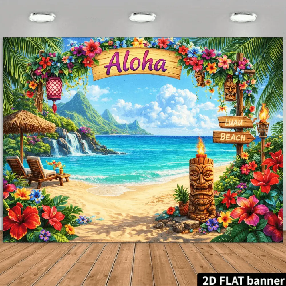 2D Flat Banner Polyester Photography Backdrop Fly Sheet, HD Digitally Printed Tropical Hawaiian Beach Scene Cloth, Soft Lightweight Foldable Festive Backdrops & Banners for Luau Parties, Studio Photography, Fly Sheet Festive Backdrops & Banners