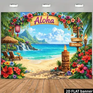2D Flat Banner Polyester Photography Backdrop, HD Digitally Printed Tropical Hawaiian Beach Scene Background Cloth, soft lightweight foldable photo booth prop for Luau parties, birthday celebrations, summer events, studio photogra