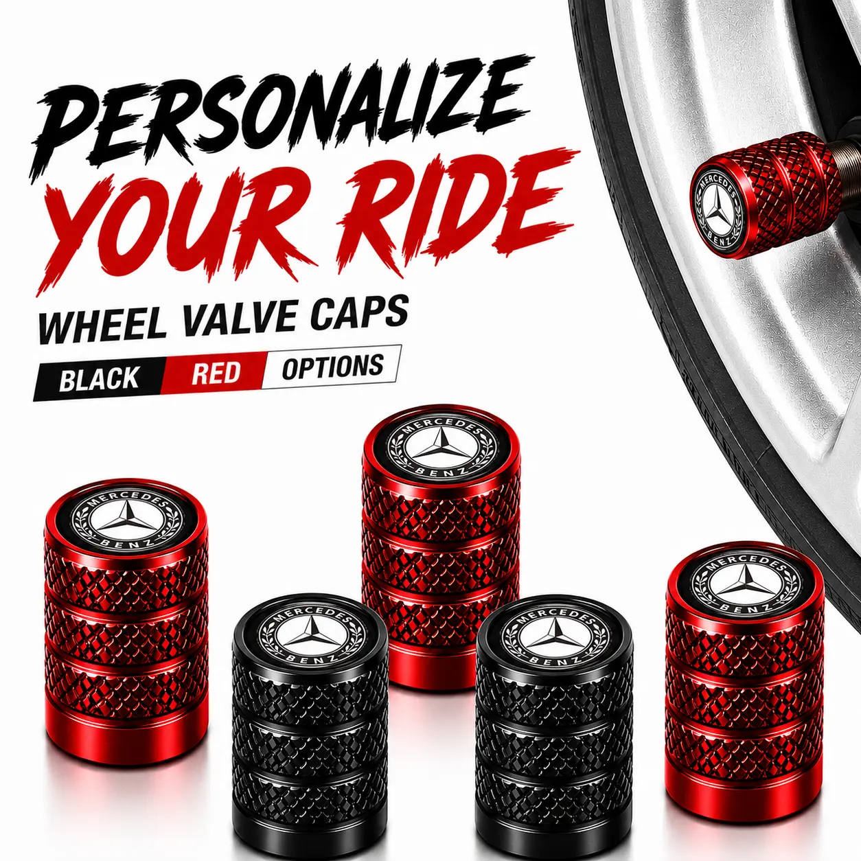 5 Pack Mercedes Benz Logo Luxury Anodized Knurled Aluminum Tire Valve Stem Caps, Rubber O-Ring Leakproof Anti-Corrosion Dust Proof, Fit C E S Class GLB GLC GLE GLS Luxury Sedan SUV, Universal Schrader Valve Install TPMS Safe Auto Wheel Mod Decor Parts