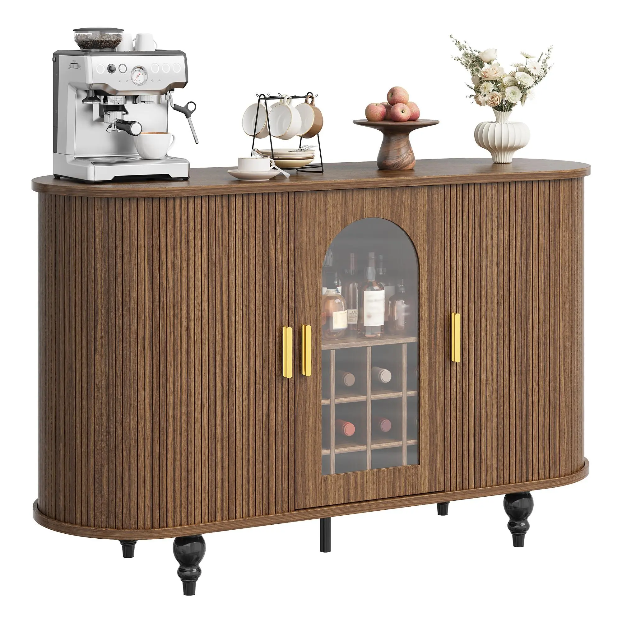 Vintage Mid-Century Walnut Finish Bar Cabinet - Sliding Door, Detachable Wine Rack, Glass Holder, Adjustable Shelves, Sideboard Storage Buffet for Living Room, Kitchen, Curved Front