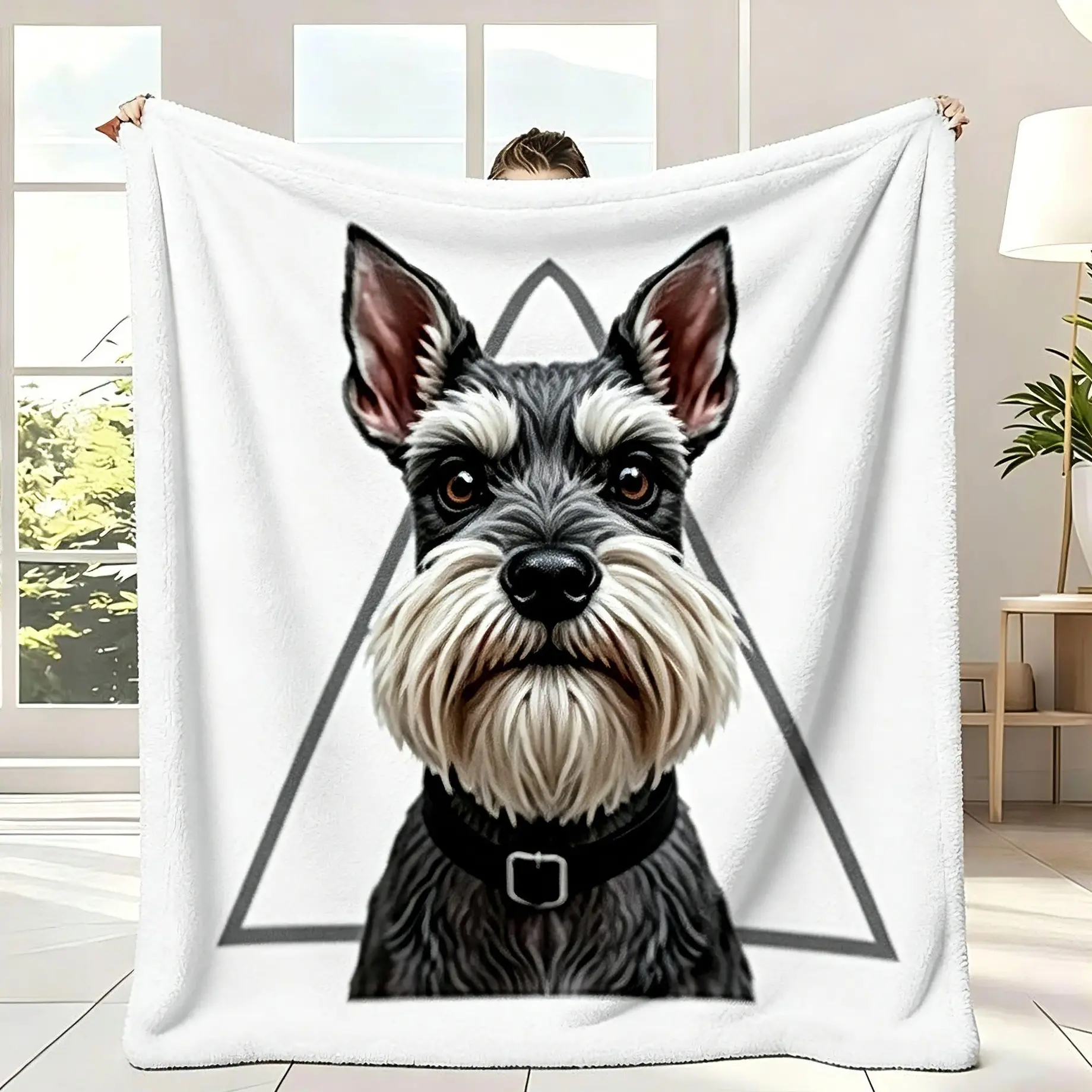 Schnauzer Dog Print Blanket, Minimalist Triangle Background Throw Blanket, Modern Pet Themed Blanket For Bedroom Reading Nook