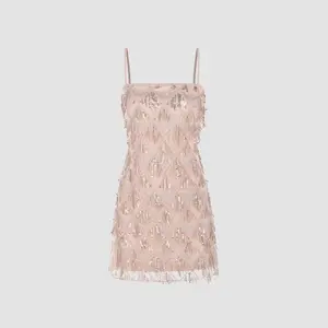 Cider [2 colors, size 0-26] Sequins Square Neck Geometric Tassel Mini Dress