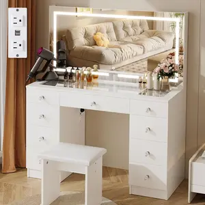 VOWNER Vanity with Lighted Mirror - 43''/47" Glass Top Makeup Vanity Desk with 9 Drawers and Power Outlet, 3 Color Lighting Modes Adjustable Brightness, Makeup Desk with Cushioned Stool for Bedroom, White