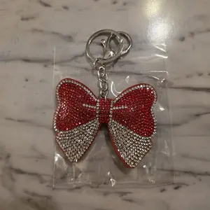 Red and Silver Rhinestone Bow Keychain with Silver Keychain Loop