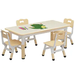 Height Adjustable Kids Table & 4 Chairs Se, Graffiti Desktop with Non-Slip Mats & 12 Watercolor Pens, Children Activity Study Table for Playroom Drawing Reading Home Use, Natural