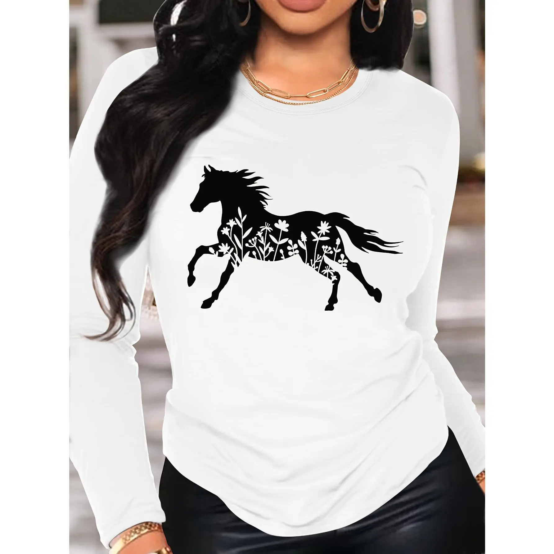 Women's Basic Casual Long Sleeve Round Neck Graphic T-Shirt - Galloping Horses & Floral Printed Fabric, White with Black Trim, Machine Washable, All-Season Comfortable Fit Top