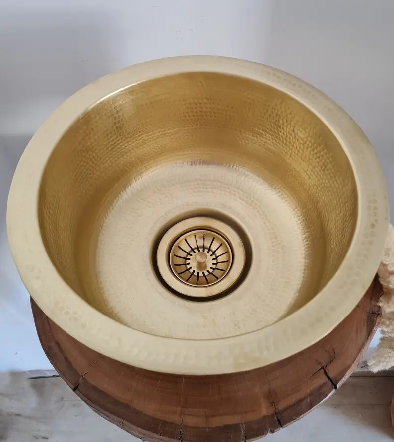Custom Made 10" Brass Bar Sink with Brass Drain Basket - Small Kitchen Island Sink for Enhanced Kitchen Design