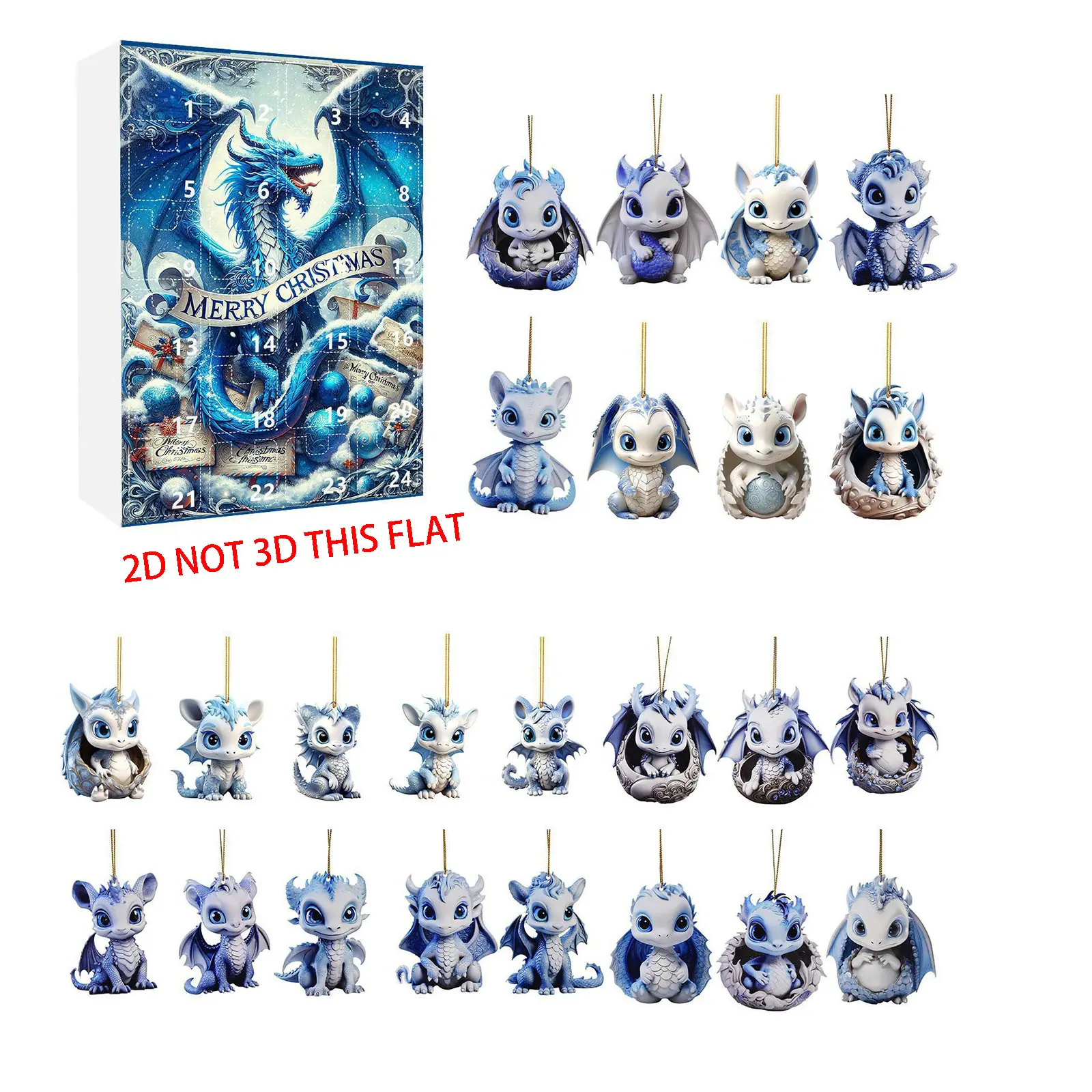 Baby Dragon Advent Calendar, 24-Day Christmas Countdown with Blue Themed 2D Acrylic Hanging Ornaments, Holiday Gift for Kids & Enthusiasts