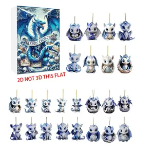 24-Day Christmas Dragon Baby Advent Calendar, 2D Flat Acrylic Ornament Set, Blue Themed Cute Dragon Figurine Hanging Decorations, Festive Holiday Countdown Surprise Box Gift for Kids & Dra