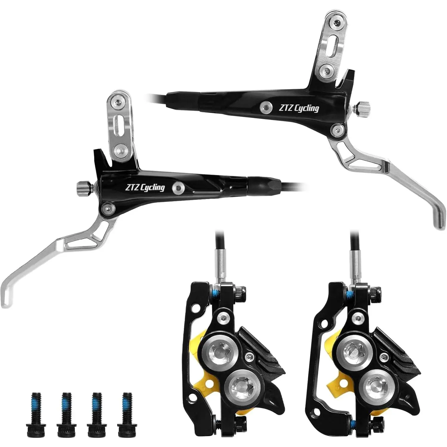 ZTZ 4-Piston Hydraulic Brake Set for Mountain Bikes & E-Bikes - Pre-Bled, 4-Piston Hydraulic Braking, Adjustable Brake Lever, Ceramic Pads, Front 850mm/Rear 1550mm Discs, Fat Tire Bike, Components & Parts, Disc Brakes Callipers
