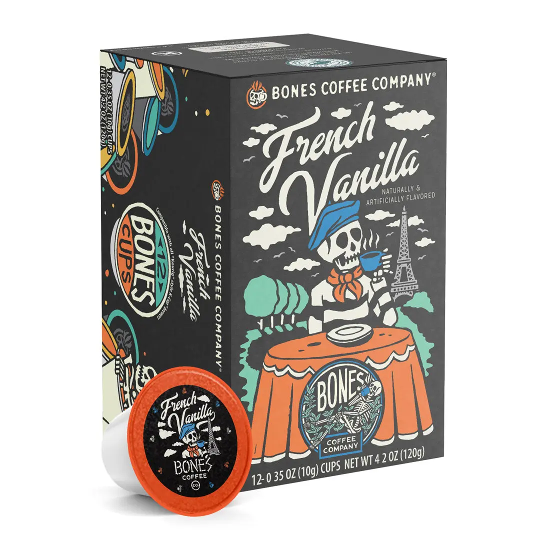 Bones Coffee Company | French Vanilla Flavored Coffee Pods 12 Count Medium Roast Keurig Compatible Bones Coffee Company | French Vanilla Flavored Coffee Pods 12 Count Medium Roast Keurig Compatible