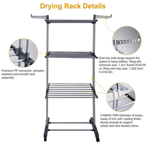 Rolling collapsible clothes drying rack, laundry dryer hanger stand, rail shelf, wardrobe clothing drying racks Foldable Chrome
