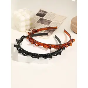 2pcs lazy hair braiding artifact, ladies pressed hair bundle headband, elegant retro simple style daily hair band headwear, bright black amber hair braid headband, can be used when washing face and makeup, bangs broken hair finishing headwear