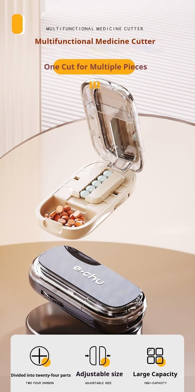 Adjustable Pill Cutter and Splitter for Multiple Pills with Precision Alignment for Small Tablets Compact Travel Friendly Design in Black Mini Wooden Book Storage Display Box Adjustable Pill Cutter with Blade Guard Adjustable Pill Cutter with Safe Blade