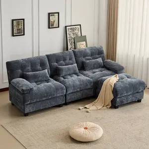 93 Inch 3-Seat Sofa with Ottoman & 4-Position Adjustable Backrest, Oversized Chenille Sectional Couch with 3 Pillows, 350 lbs Weight Capacity Per Seat, Modular Sofa Set for Living Room, Apartment, Easy Assembly