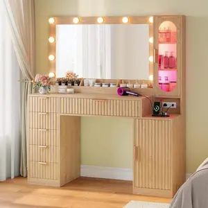 Sikaic Fluted Makeup Vanity Desk with Large 31.5" Mirror and Lights, 46.1" Wood Vanity with Charging Station & RGB Lights, Dressing Table with 6 Drawers & Cabinet & Shelves, Oak