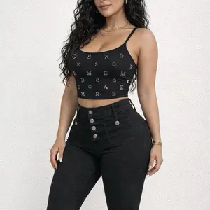 VD-1002 Rhinestone Letter Ribbed Crop Tank