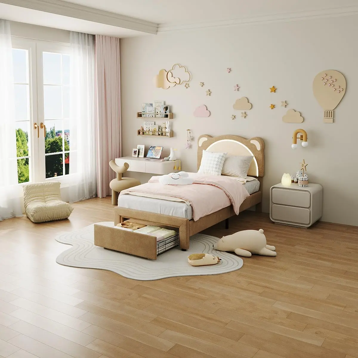 Coffee Color Twin XL Upholstered Platform Bed Frame - No Foam Fabric, Durable Wooden Slat Support, Adjustable Headboard, Drawer, LED Lights, 700 lbs Weight Capacity, Box Spring Free for Girls’ Bedroom