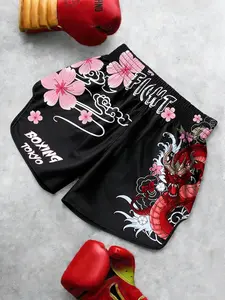 Men's Casual Boxing Shorts, Sakura and Dragon Print, High Waist, Fitted Style, Perfect for Fighting Enthusiasts, All Seasons, Athletic Shorts