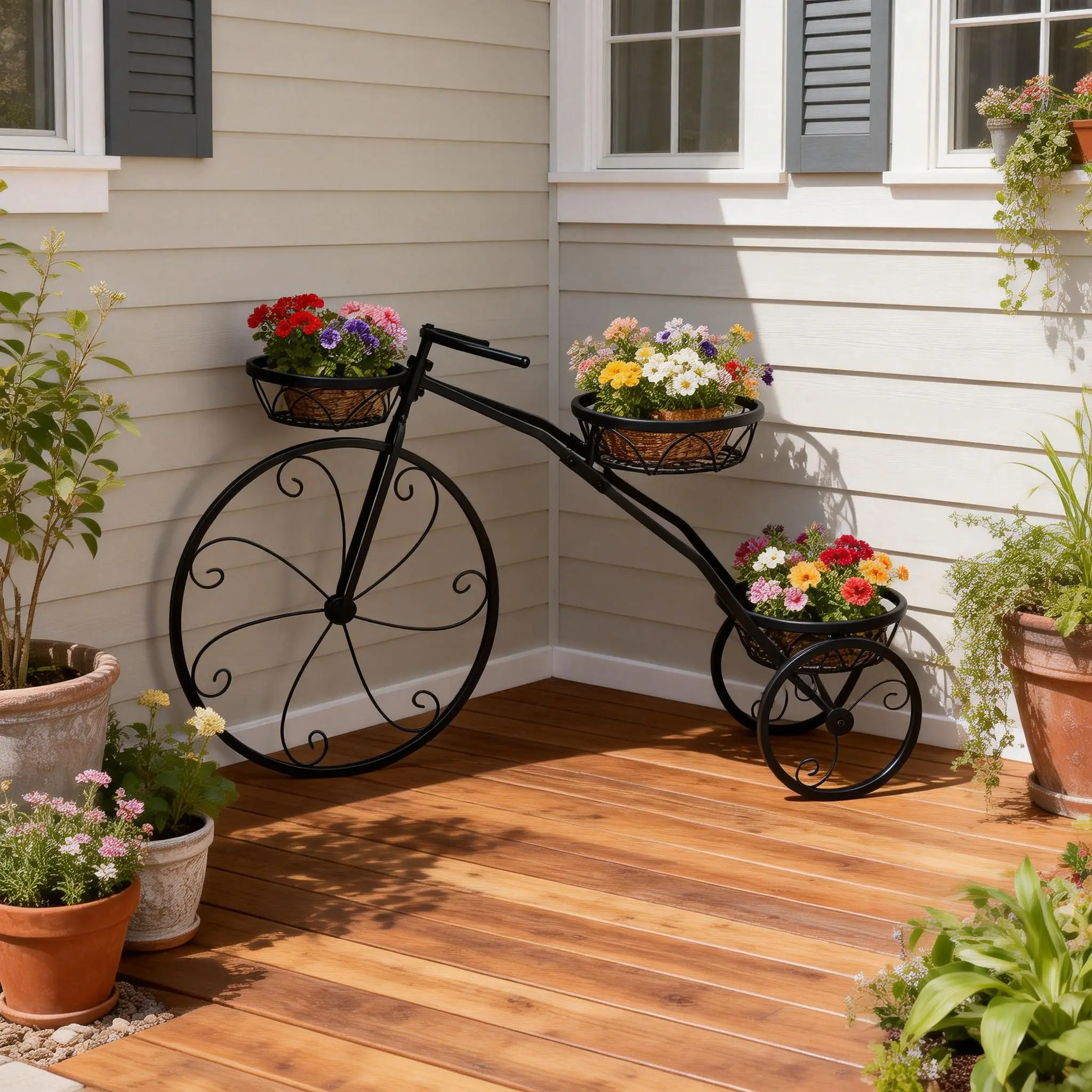 Black Tricycle Plant Stand, 3-Basket Decorative Garden Planter Bike Flower Holder for Indoor & Outdoor Home Garden Decor