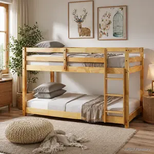 Twin-over-Twin Arch Floor Bunk Bed, Minimalist Low-Height Natural Finish, Sturdy Wood Frame, Rubberwood Ladder with Solid Build, Strengthened Slat Wooden Platform Bed