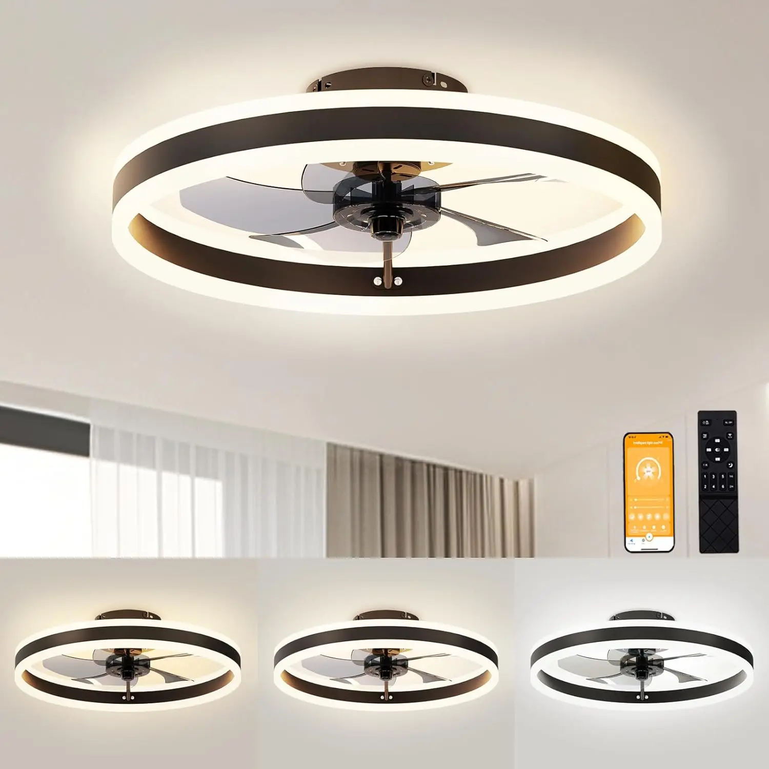 Low Profile Ceiling Fans with Lights and Remote, 19.7in Flush Mount Ceiling Fans with Light, 3000K-6500K Dimmable Fandelier LED Fan Light, Black Bladeless Ceiling Fans with Lights for Bedroom