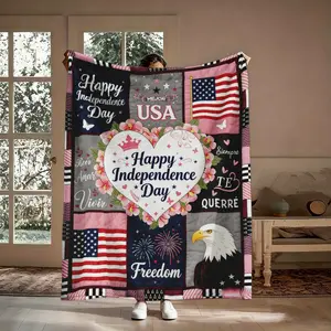 Happy Independence Day Flannel Throw Blanket, Soft Cozy USA Patriotic Patchwork Blanket, Warm 4th of July Gift for Americans, Lightweight Breathable